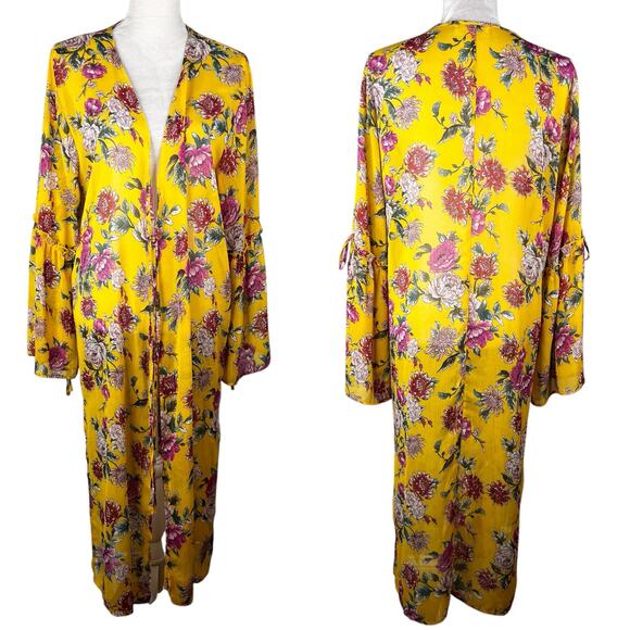 Band Of Gypsies Floral Kaftan Coverup Swim Kimono Yellow Pink Large Tie Closure - Picture 1 of 16